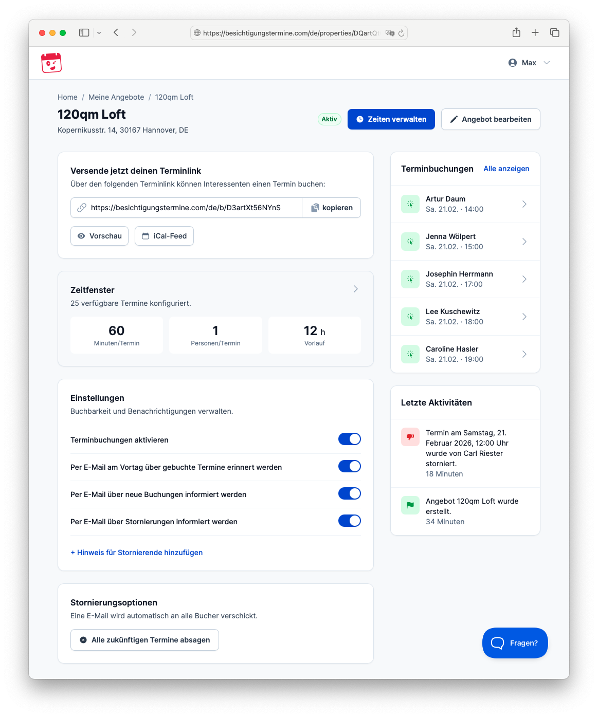 Terminübersicht mit Buchungen, Status und Kalender