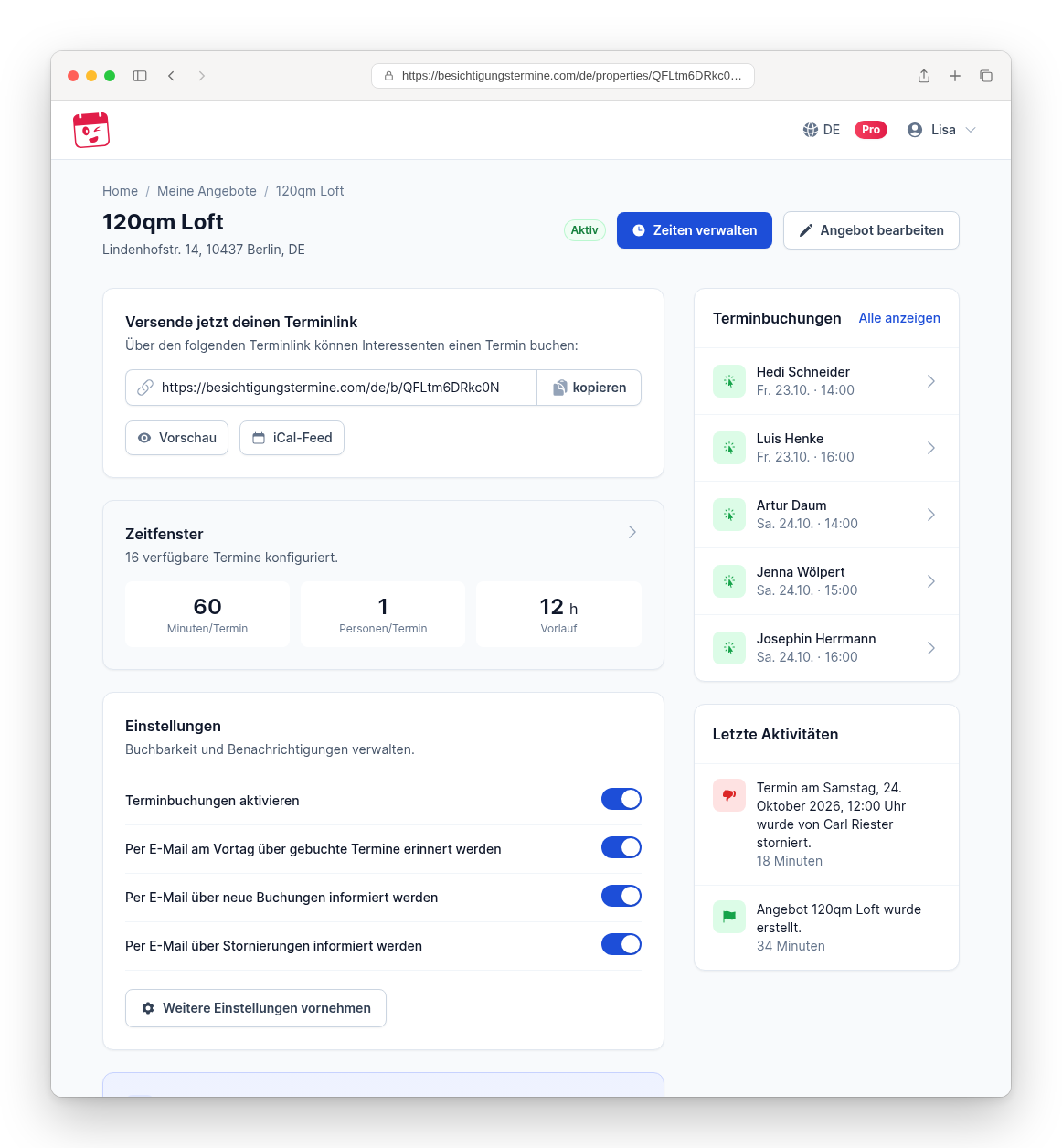 Besichtigungstermine Dashboard